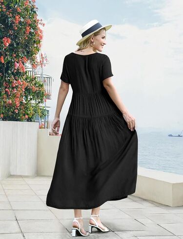 فستان YESNO نسائي فضفاض بوهيمي منقوش عليه زهور مع جيوب وأكمام قصيرة وطويلة للصيف فساتين سوينغ للشاطئ 3XL EJF الصلبة P أسود in Kuwait