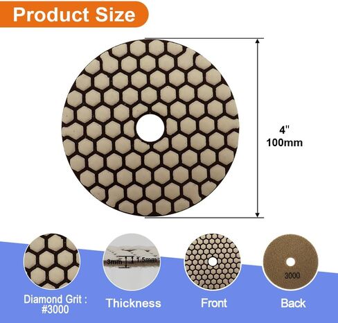 VENJELD Diamond Dry Polishing Pads 4''(100mm) 7pcs Polishing Kit Grit 50/100/200/400/800/1500/3000 and 5/8"-11 Thread Plastic Backer and Adapter for Granite Marble Artificial Stone for Angle Grinder in Saudi Arabia
