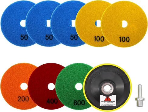 VENJELD Diamond Dry Polishing Pads 4''(100mm) 7pcs Polishing Kit Grit 50/100/200/400/800/1500/3000 and 5/8"-11 Thread Plastic Backer and Adapter for Granite Marble Artificial Stone for Angle Grinder in Saudi Arabia
