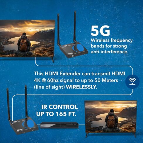 جهاز إرسال واستقبال موسع HDMI لاسلكي من OREI UtraHD 5.1-5.2 جيجا هرتز حتى 4K @ 60 هرتز - حتى 165 قدم - مثالي للبث من الكمبيوتر المحمول والكمبيوتر الشخصي والكابل وNetflix وYouTube وPS4 إلى HDTV/جهاز العرض in Saudi Arabia