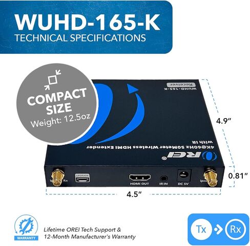 جهاز إرسال واستقبال موسع HDMI لاسلكي من OREI UtraHD 5.1-5.2 جيجا هرتز حتى 4K @ 60 هرتز - حتى 165 قدم - مثالي للبث من الكمبيوتر المحمول والكمبيوتر الشخصي والكابل وNetflix وYouTube وPS4 إلى HDTV/جهاز العرض in Saudi Arabia