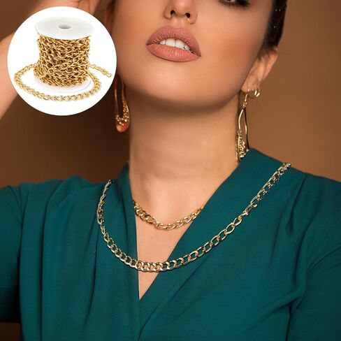 16.4 Feet Gold Chain for Crafts Gold Chain Roll Plated Brass Curb Chain Twisted Chunky Link Chains with Spool for Jewelry Making Link Chains Roll for Bracelet Necklace in Saudi Arabia