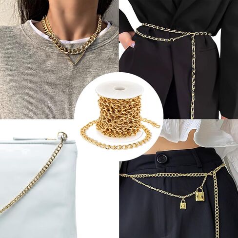 16.4 Feet Gold Chain for Crafts Gold Chain Roll Plated Brass Curb Chain Twisted Chunky Link Chains with Spool for Jewelry Making Link Chains Roll for Bracelet Necklace in Saudi Arabia