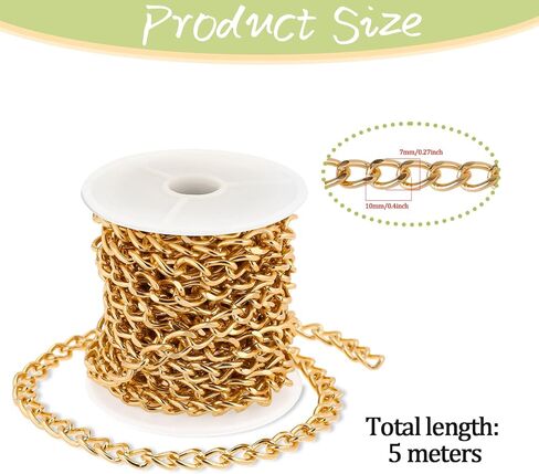 16.4 Feet Gold Chain for Crafts Gold Chain Roll Plated Brass Curb Chain Twisted Chunky Link Chains with Spool for Jewelry Making Link Chains Roll for Bracelet Necklace in Saudi Arabia