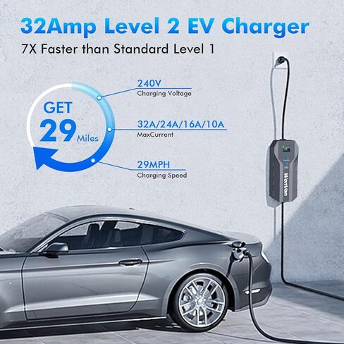 شاحن WonVon 32 أمبير المستوى 2 EV، شاحن محمول 23 قدم مع كابل شحن NEMA 14-50P 240V J1772، شحن توقيت قابل للتعديل وذكي في محطة شحن EV. in Kuwait