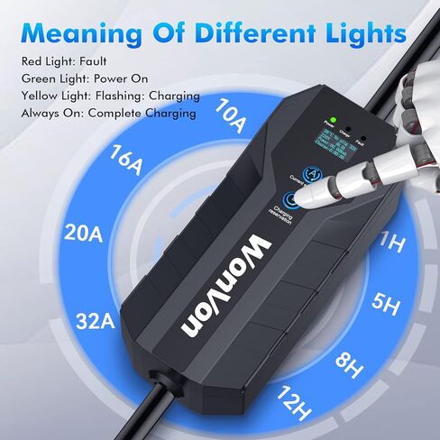 شاحن WonVon 32 أمبير المستوى 2 EV، شاحن محمول 23 قدم مع كابل شحن NEMA 14-50P 240V J1772، شحن توقيت قابل للتعديل وذكي في محطة شحن EV. in Kuwait