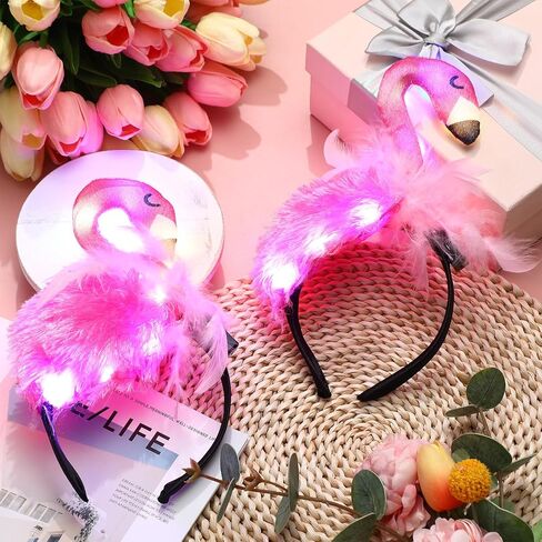 Solsew 6 قطع LED هاواي فلامنغو عقال وردي مضيء غطاء الرأس فلامنغو إكسسوارات فلامنغو ثلاثية الأبعاد متوهجة أغطية الرأس الشعر هوب الحيوان تأثيري الشعر للنساء البالغات الفتيات الأطفال هاواي الصيف الطرف in Saudi Arabia