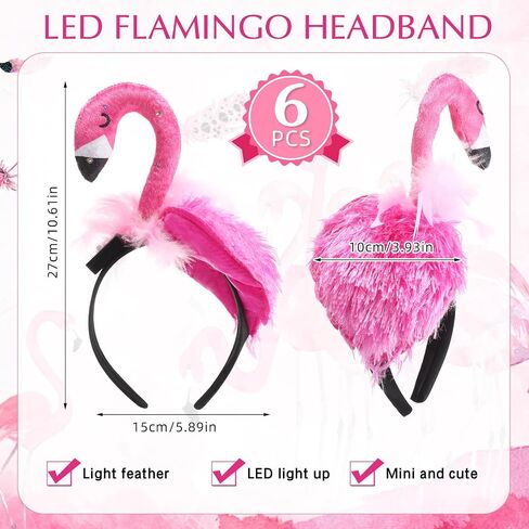 Solsew 6 قطع LED هاواي فلامنغو عقال وردي مضيء غطاء الرأس فلامنغو إكسسوارات فلامنغو ثلاثية الأبعاد متوهجة أغطية الرأس الشعر هوب الحيوان تأثيري الشعر للنساء البالغات الفتيات الأطفال هاواي الصيف الطرف in Saudi Arabia