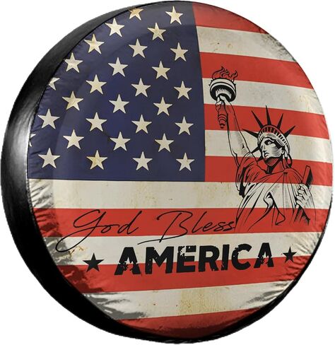 غطاء إطار احتياطي عتيق God Bless America Liberty - واقي عجلة من جلد PVC المقاوم للماء مقاس 15 بوصة - تمثال وطني للحرية وتصميم علم الولايات المتحدة لسيارة RV، وجيب، ومقطورة، وسيارات الدفع الرباعي، والشاحنة in Kuwait