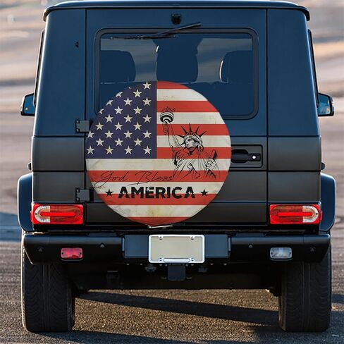 غطاء إطار احتياطي عتيق God Bless America Liberty - واقي عجلة من جلد PVC المقاوم للماء مقاس 15 بوصة - تمثال وطني للحرية وتصميم علم الولايات المتحدة لسيارة RV، وجيب، ومقطورة، وسيارات الدفع الرباعي، والشاحنة in Kuwait