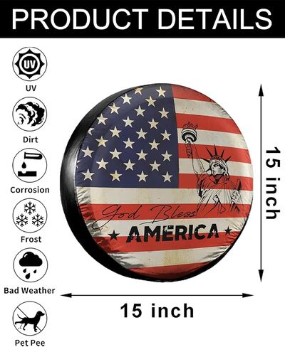 غطاء إطار احتياطي عتيق God Bless America Liberty - واقي عجلة من جلد PVC المقاوم للماء مقاس 15 بوصة - تمثال وطني للحرية وتصميم علم الولايات المتحدة لسيارة RV، وجيب، ومقطورة، وسيارات الدفع الرباعي، والشاحنة in Kuwait