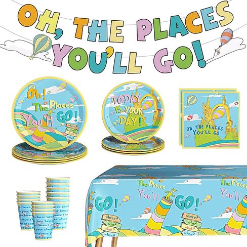 Oh The Places You' ll Go Decorations Dr Seuss Graduation Party Decorations Oh The Places You'll Go with Dinner Plates, Napkins, Cups, Tablecloth for Kindergarten Graduation Party Supplies Serves 24 in Kuwait