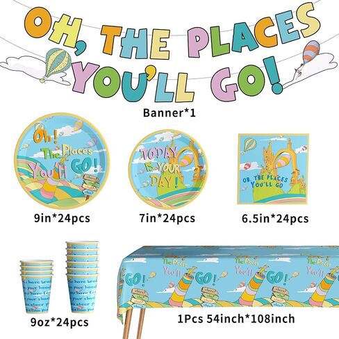 Oh The Places You' ll Go Decorations Dr Seuss Graduation Party Decorations Oh The Places You'll Go with Dinner Plates, Napkins, Cups, Tablecloth for Kindergarten Graduation Party Supplies Serves 24 in Kuwait