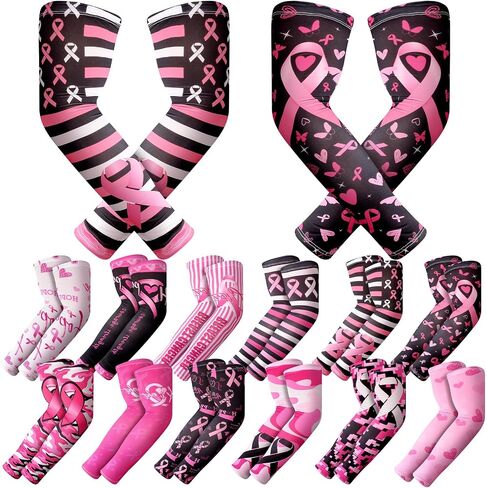 12 Pairs Breast Cancer Awareness Arm Sleeves Pink Ribbon Compression Sleeve Unisex Arm Bands Baseball for Sports in Saudi Arabia