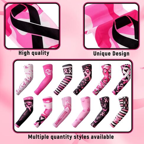 12 Pairs Breast Cancer Awareness Arm Sleeves Pink Ribbon Compression Sleeve Unisex Arm Bands Baseball for Sports in Saudi Arabia
