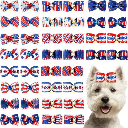 40 Pcs Independence Day Dog Cat Hair Bows Dog Hair Bows with Rubber Bands Patriotic Dog Bow Ties US Flag Rhinestone Fourth of July Dog Accessories for Puppy Pet Grooming Hair Wearing, 20 Styles in Saudi Arabia