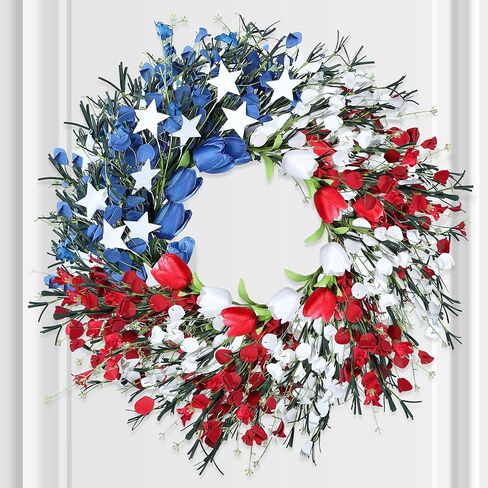 Enhon 19 Inch Patriotic 4th of July Wreath with Red, White and Blue Foam Flower, Ideal Wreath for Independence Day, Memorial Day and Flag Day on Front Door, Americana Wreath with Tulip and Star in Saudi Arabia