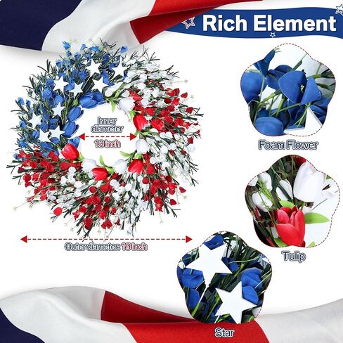 Enhon 19 Inch Patriotic 4th of July Wreath with Red, White and Blue Foam Flower, Ideal Wreath for Independence Day, Memorial Day and Flag Day on Front Door, Americana Wreath with Tulip and Star in Saudi Arabia