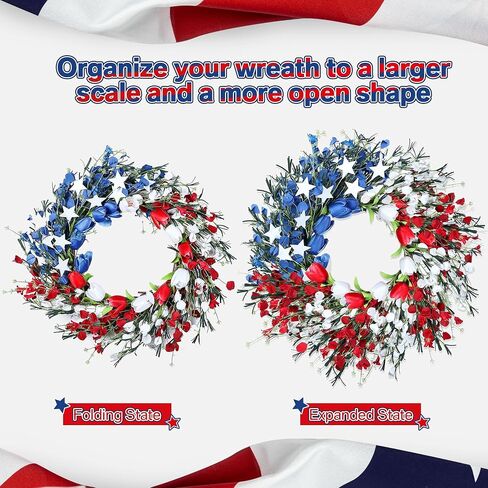 Enhon 19 Inch Patriotic 4th of July Wreath with Red, White and Blue Foam Flower, Ideal Wreath for Independence Day, Memorial Day and Flag Day on Front Door, Americana Wreath with Tulip and Star in Saudi Arabia