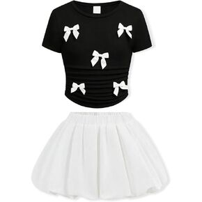 Teenage Girls Puffy Skirt Set with Cute Bowknot Top Teen Summer Skirt Outfit Puffy Skirt for Teen Girls in Kuwait