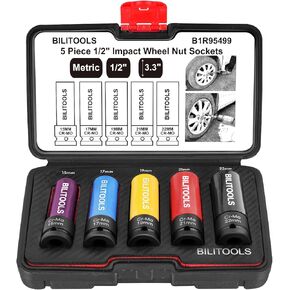 BILITOOLS 1/2 inch Drive Impact Lug Nut Socket Set, 15 17 19 21 22 MM Non-Marring Thin Wall Wheel Protector Nut Socket in Kuwait