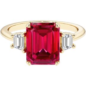 Solid 14k White or Yellow Gold 3.50 Carats Emerald Cut Lab Grown Ruby Ring with Trapezoid Diamond Sides, 3 Stone Engagement, July Birthstone, Birthday, Anniversary, Wedding Gift for Women, w/ Jewelry Box, Sizes 4-10 in Saudi Arabia