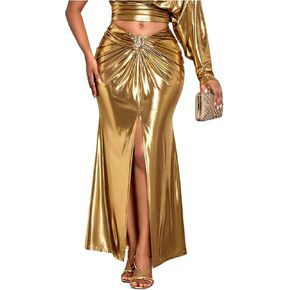 Floerns Women's Metallic Twist Mid Rise Maxi Skirt Split Hem Rave Outfit Party Bodycon Skirt in Saudi Arabia