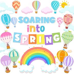 Spring Bulletin Board Decorations, Soaring Into Springs Bulletin Board includes Hot Air Balloon Rainbow Board Border and Soaring Into Spring Letters Cutouts, for Classroom School in Saudi Arabia