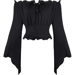 بلوزة KIMIKAL Renaissance Cottagecore قميص فلاحي للسيدات - ربطة عنق أمامية بدون أكتاف وأكمام بوق in Kuwait