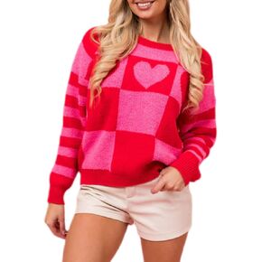 Argeousgor Women Heart Print Sweater Love Graphic Knitted Top Crewneck Cute Holiday Long Sleeve Shirts M in Saudi Arabia