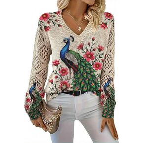 Plus Size Peacock Print Boho Sweater, V-Neck Diamond Lace Long Sleeve Top, Casual Elegant Blouse in Kuwait