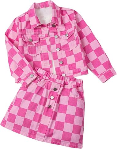 WDIRARA Toddler Girl's Plaid Checkered 2 Piece Outfit Button Down Denim Jacket Skirt Set in Saudi Arabia
