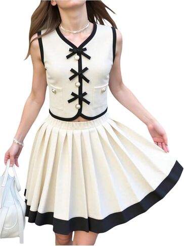 WDIRARA Girl's 2 Piece Outfit Bow Sleeveless Vest Pleated Skirt Set in Saudi Arabia