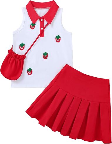 Girls 2 Piece Outfit Preppy Strawberry Graphic Sleeveless Polo Shirt and Pleated Skirt Set with Crossbody Bag in Saudi Arabia
