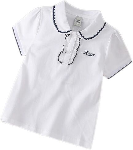 Girls Polo Shirt, White Short Sleeve Peter Pan Collar Top with Navy Trim, Ages 4-12 in Saudi Arabia