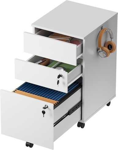 DEVAISE 3 Drawer File Cabinet with Lock, Small Rolling Filing Cabinet Under Desk, Wood Office Drawers Fits Letter/Legal/A4 Size Folders, Black in Saudi Arabia