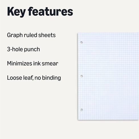 Amazon Basics Loose Leaf Paper, Graph Ruled Paper, 3 Hole Punched, 100 Sheets, 11" x 8.5", 6 pack, White in Saudi Arabia