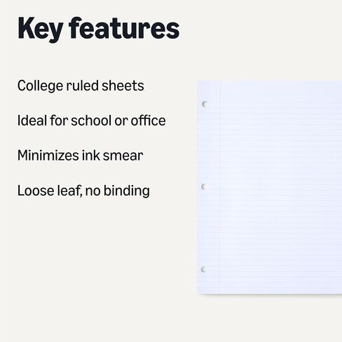 Amazon Basics Loose Leaf Paper, College Ruled Binder Paper, 100 Sheets, 11" x 8.5", 6 pack, White in Saudi Arabia