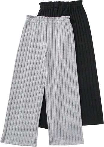 سراويل Milumia للفتيات مكونة من قطعتين من السراويل المنسوجة المضلعة المرنة عالية الخصر المستقيمة وواسعة الساق in Kuwait