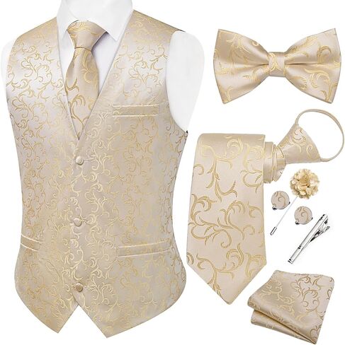 DiBanGu Mens Paisley Suit Vest Pre-tied Tie Set 7PCS Jacquard Silk Dress Waistcoat Bow Tie Lapel Pin Hanky for Wedding Party in Saudi Arabia