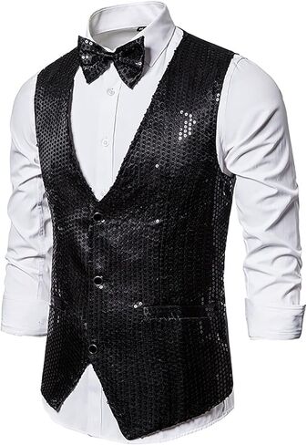 Mens Sequin Waistcoat for Club Sparkly Party Dress Vests Shiny Sleeveless Dress Suit Vest with Bow Tie in Saudi Arabia