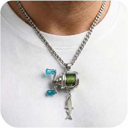 Functional Mini Fishing Reel Necklace for Men – Interactive Stainless Steel Pendant with Real Adjustable Line & Fish Charm – Convertible Ring Jewelry, Unique Fidget Gift for Anglers, Dad, Fisherman in Saudi Arabia