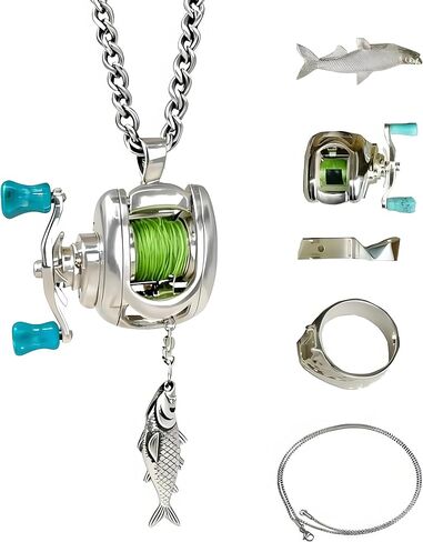 Functional Mini Fishing Reel Necklace for Men – Interactive Stainless Steel Pendant with Real Adjustable Line & Fish Charm – Convertible Ring Jewelry, Unique Fidget Gift for Anglers, Dad, Fisherman in Saudi Arabia
