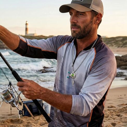 Functional Mini Fishing Reel Necklace for Men – Interactive Stainless Steel Pendant with Real Adjustable Line & Fish Charm – Convertible Ring Jewelry, Unique Fidget Gift for Anglers, Dad, Fisherman in Saudi Arabia