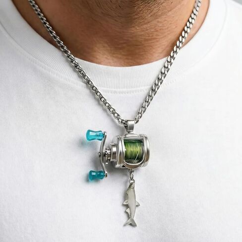 Functional Mini Fishing Reel Necklace for Men – Interactive Stainless Steel Pendant with Real Adjustable Line & Fish Charm – Convertible Ring Jewelry, Unique Fidget Gift for Anglers, Dad, Fisherman in Saudi Arabia