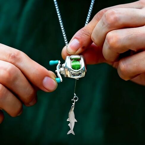 Functional Mini Fishing Reel Necklace for Men – Interactive Stainless Steel Pendant with Real Adjustable Line & Fish Charm – Convertible Ring Jewelry, Unique Fidget Gift for Anglers, Dad, Fisherman in Saudi Arabia