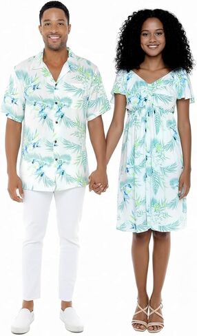 Matchable Couple Hawaiian Luau Shirt or Rahee Mini Dress in Orchid Breeze White in Saudi Arabia