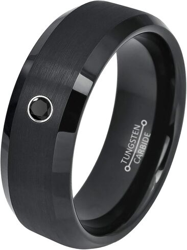 0.07ct Black Diamond Tungsten Ring - April Birthstone - 8MM Dome Black Ion-Plated Flat Brushed Finish Center Beveled Edge Comfort Fit Unisex Wedding Anniversary Band in Kuwait