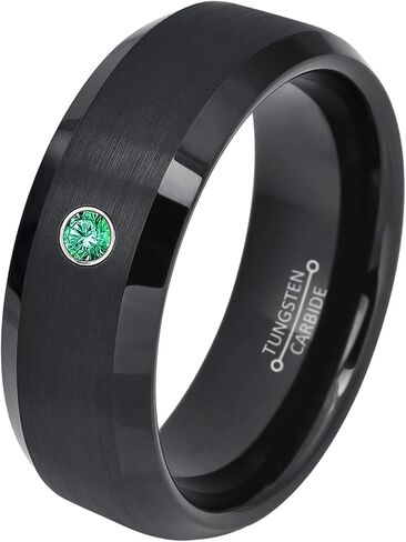 0.07ct Emerald Tungsten Ring - May Birthstone - 8MM Dome Black Ion-Plated Flat Brushed Finish Center Beveled Edge Comfort Fit Unisex Wedding Anniversary Band in Kuwait
