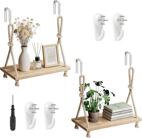 2 Pack Hanging Cubicle Shelves for Fabric Walls, 11.8" Wood Wall Shelf with Hooks and Cotton Rope, Boho Style Storage for Office Cubicles and Home Workspaces in Saudi Arabia